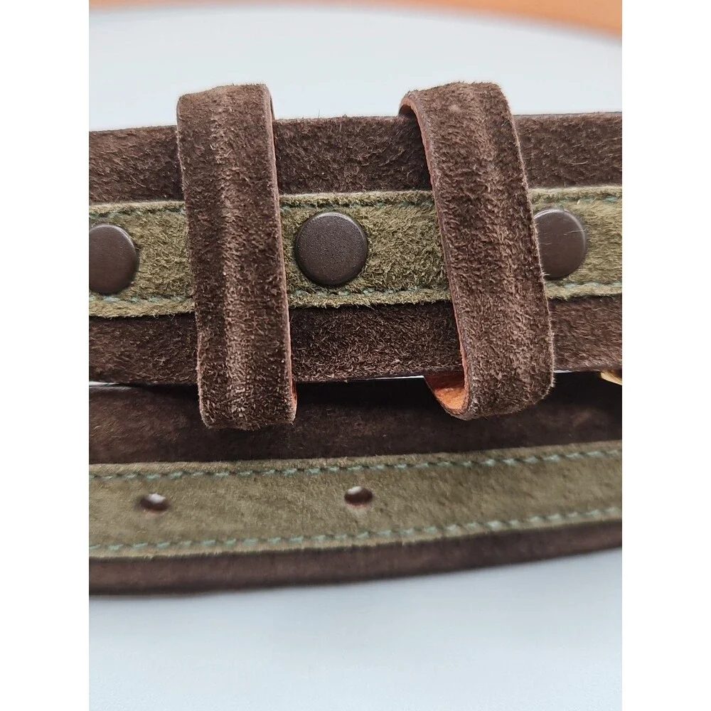 Crescent Brown Olive Green Suede Leather Belt Size 40 Hand Made In USA 1-1/8